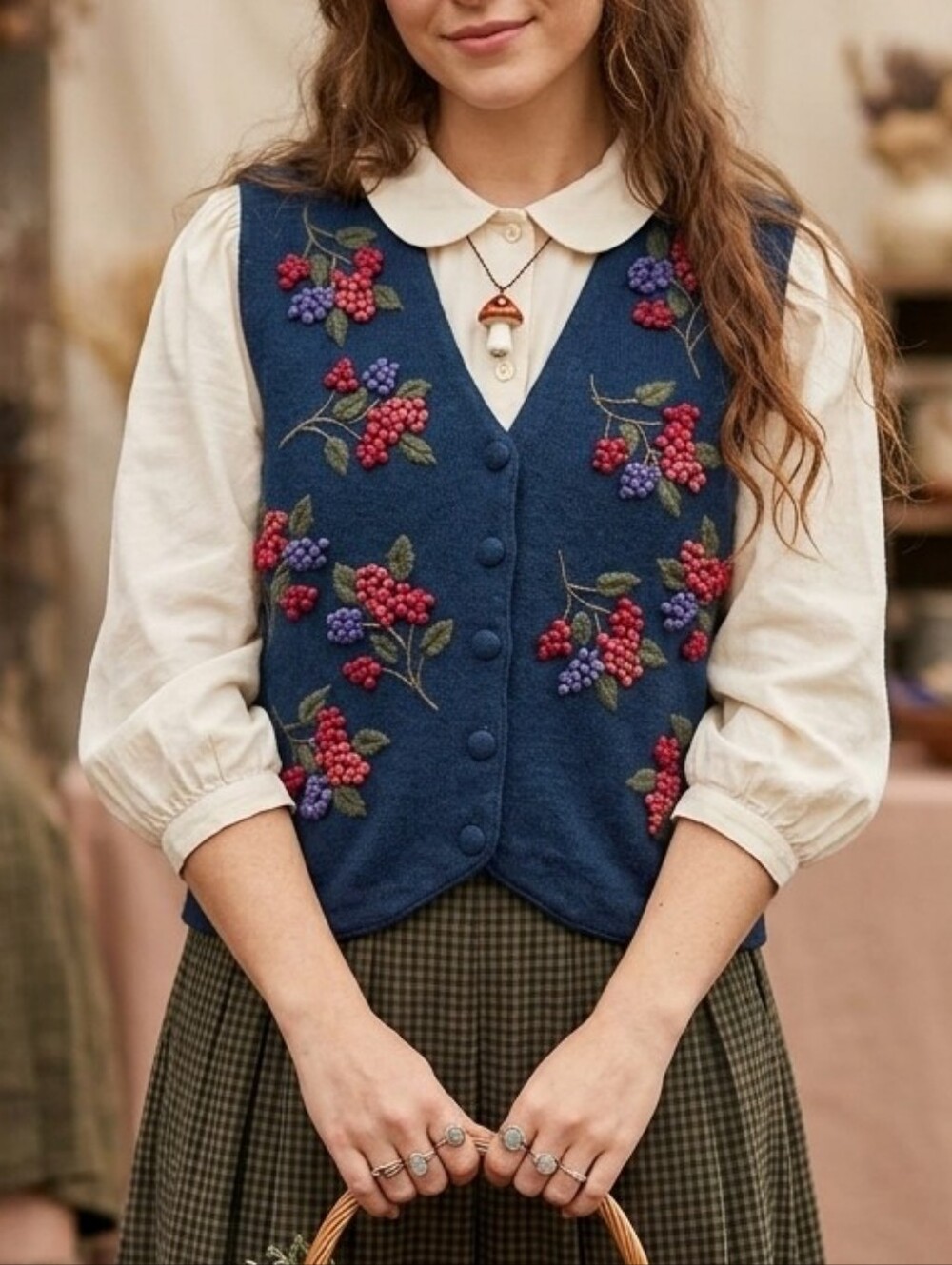 Vintage Talbot's Dark Blue Berry Embroidered Wool Sweater Vest Small